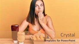  Presentation with sauces - Beautiful PPT layouts featuring young-caucasian-woman-eating-fried backdrop and a yellow colored foreground