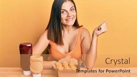  Presentation with sauces - Beautiful presentation design featuring young-caucasian-woman-eating-fried backdrop and a coral colored foreground