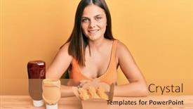  Presentation with sauces - Slide deck having young-caucasian-woman-eating-fried background and a coral colored foreground