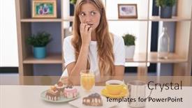  Presentation with pastries - Presentation theme consisting of young-caucasian-woman-eating-pastries background and a coral colored foreground
