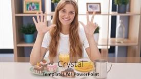  Presentation with pastries - PPT theme having young-caucasian-woman-eating-pastries background and a coral colored foreground