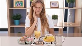  Presentation with pastries - Slides with young-caucasian-woman-eating-pastries background and a coral colored foreground