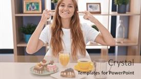  Presentation with pastries - PPT theme with young-caucasian-woman-eating-pastries background and a  colored foreground