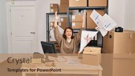  Presentation with ecommerce - Presentation theme featuring young-caucasian-woman-ecommerce-business background and a coral colored foreground