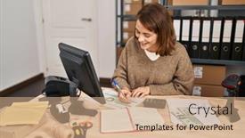  Presentation with ecommerce - Theme with young-caucasian-woman-ecommerce-business background and a  colored foreground