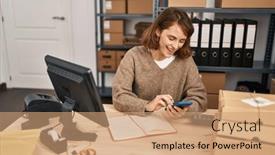  Presentation with business book - Presentation theme with young-caucasian-woman-ecommerce-business background and a coral colored foreground