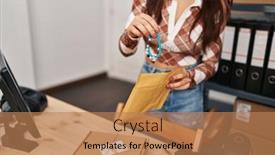  Presentation with ecommerce - PPT theme consisting of young-caucasian-woman-ecommerce-business background and a coral colored foreground