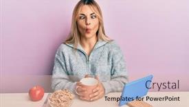  Presentation with breakfast - Presentation design enhanced with young-caucasian-woman-having-breakfast background and a lemonade colored foreground