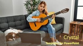  Presentation with guitar class - Theme with young-caucasian-woman-having-online background and a tawny brown colored foreground