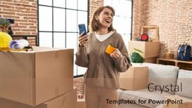  Presentation with new home - Presentation theme with young-caucasian-woman-having-video background and a coral colored foreground