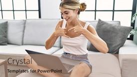  Presentation with language - Slide deck with young-caucasian-woman-having-video background and a coral colored foreground