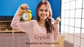  Presentation with alarm - Slides having young-caucasian-woman-holding-alarm background and a  colored foreground