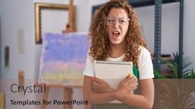  Presentation with art - Slides having young-caucasian-woman-holding-art background and a coral colored foreground