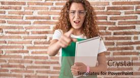  Presentation with art - PPT theme with young-caucasian-woman-holding-art background and a  colored foreground