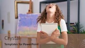  Presentation with art - Presentation theme consisting of young-caucasian-woman-holding-art background and a coral colored foreground