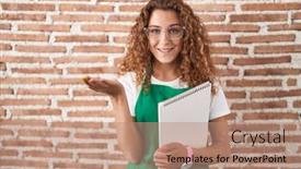  Presentation with woman hands open - Theme enhanced with young-caucasian-woman-holding-art background and a coral colored foreground