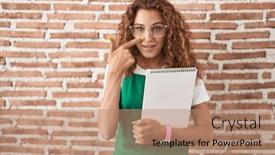  Presentation with nose - Presentation theme having young-caucasian-woman-holding-art background and a coral colored foreground