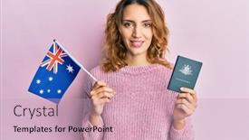  Presentation with australian - PPT theme having young-caucasian-woman-holding-australian background and a soft green colored foreground