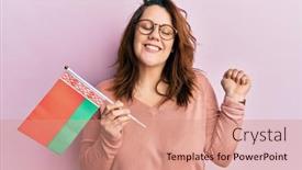  Presentation with victory - Presentation theme having young-caucasian-woman-holding-belarus background and a  colored foreground