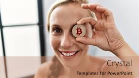  Presentation with bitcoin - Presentation theme having young-caucasian-woman-holding-bitcoin background and a coral colored foreground