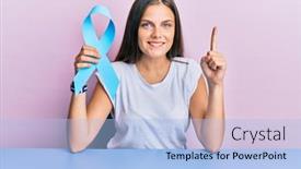  Presentation with blue ribbon - PPT layouts having young-caucasian-woman-holding-blue background and a light blue colored foreground
