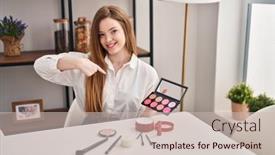  Presentation with blush - PPT theme having young-caucasian-woman-holding-blush background and a soft green colored foreground