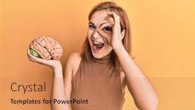  Presentation with brain eye - Slide deck with young-caucasian-woman-holding-brain background and a coral colored foreground