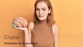  Presentation with brain thinking - Audience pleasing presentation theme consisting of young-caucasian-woman-holding-brain backdrop and a coral colored foreground