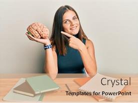  Presentation with brain - PPT layouts having young-caucasian-woman-holding-brain background and a coral colored foreground
