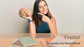  Presentation with brain - PPT layouts having young-caucasian-woman-holding-brain background and a coral colored foreground