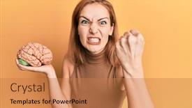  Presentation with anger - PPT theme having young-caucasian-woman-holding-brain background and a coral colored foreground