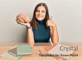  Presentation with brain - Cool new slides with young-caucasian-woman-holding-brain backdrop and a coral colored foreground