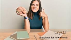  Presentation with brain - Cool new slides with young-caucasian-woman-holding-brain backdrop and a coral colored foreground