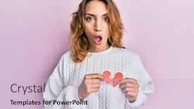  Presentation with broken heart - Cool new PPT layouts with young-caucasian-woman-holding-broken backdrop and a lemonade colored foreground