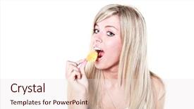  Presentation with chip - PPT theme having young caucasian woman holding chips background and a lemonade colored foreground