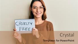  Presentation with cruelty - Cool new PPT theme with young-caucasian-woman-holding-cruelty backdrop and a coral colored foreground
