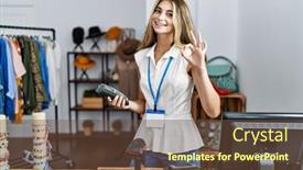  Presentation with data - Slides consisting of young-caucasian-woman-holding-data background and a tawny brown colored foreground