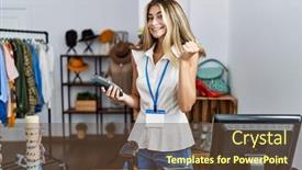  Presentation with boutique - Slides enhanced with young-caucasian-woman-holding-data background and a tawny brown colored foreground