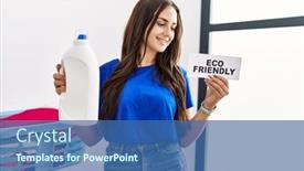  Presentation with laundry detergent - Slides enhanced with young-caucasian-woman-holding-detergent background and a ocean colored foreground