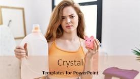  Presentation with piggy bank - PPT layouts featuring young-caucasian-woman-holding-detergent background and a  colored foreground