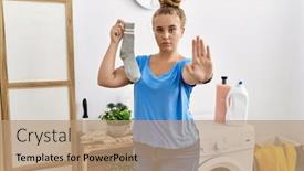 Presentation with laundry room - Slides having young-caucasian-woman-holding-dirty background and a coral colored foreground