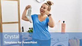  Presentation with laundry room - PPT theme featuring young-caucasian-woman-holding-dirty background and a  colored foreground