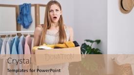  Presentation with charity - Presentation design with young-caucasian-woman-holding-donations background and a coral colored foreground
