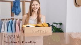  Presentation with charity - Slides consisting of young-caucasian-woman-holding-donations background and a coral colored foreground