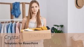  Presentation with charity - Slide set featuring young-caucasian-woman-holding-donations background and a coral colored foreground