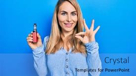  Presentation with electronic - Slide set enhanced with young-caucasian-woman-holding-electronic background and a light blue colored foreground