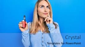  Presentation with electronic - Slides having young-caucasian-woman-holding-electronic background and a light blue colored foreground