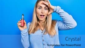  Presentation with electronic - Presentation with young-caucasian-woman-holding-electronic background and a teal colored foreground