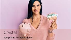  Presentation with young business woman smile show - Presentation design with young-caucasian-woman-holding-euro background and a coral colored foreground