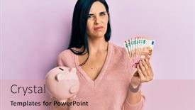  Presentation with older person holding pills - Beautiful theme featuring young-caucasian-woman-holding-euro backdrop and a coral colored foreground